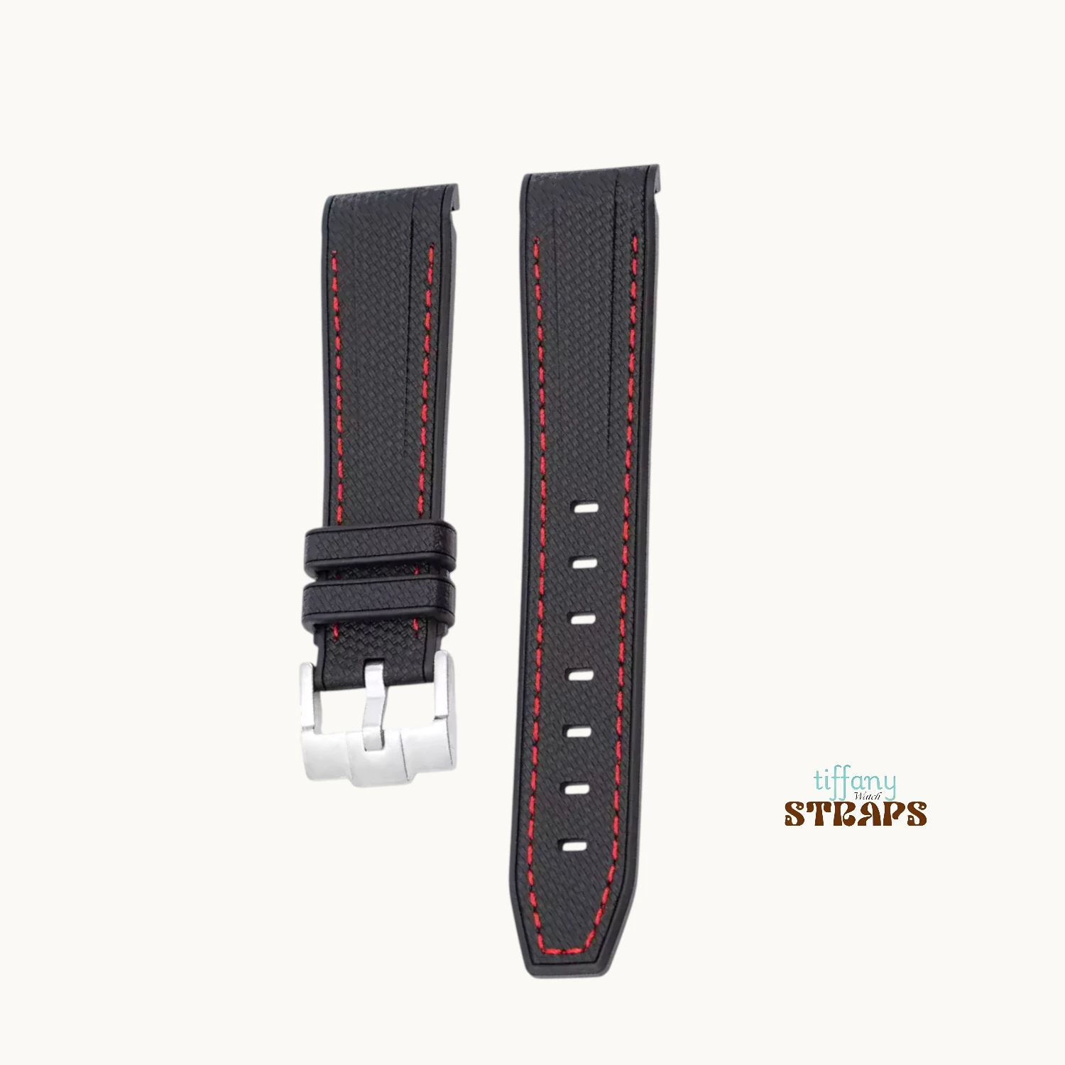 Curved Omega Textured Strap Black with White Stitch