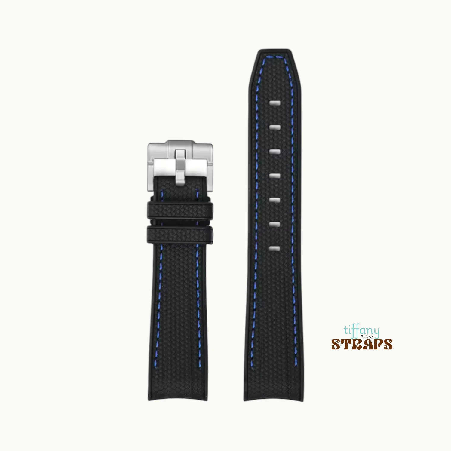 Curved Omega Textured Strap Black with Blue Stitch