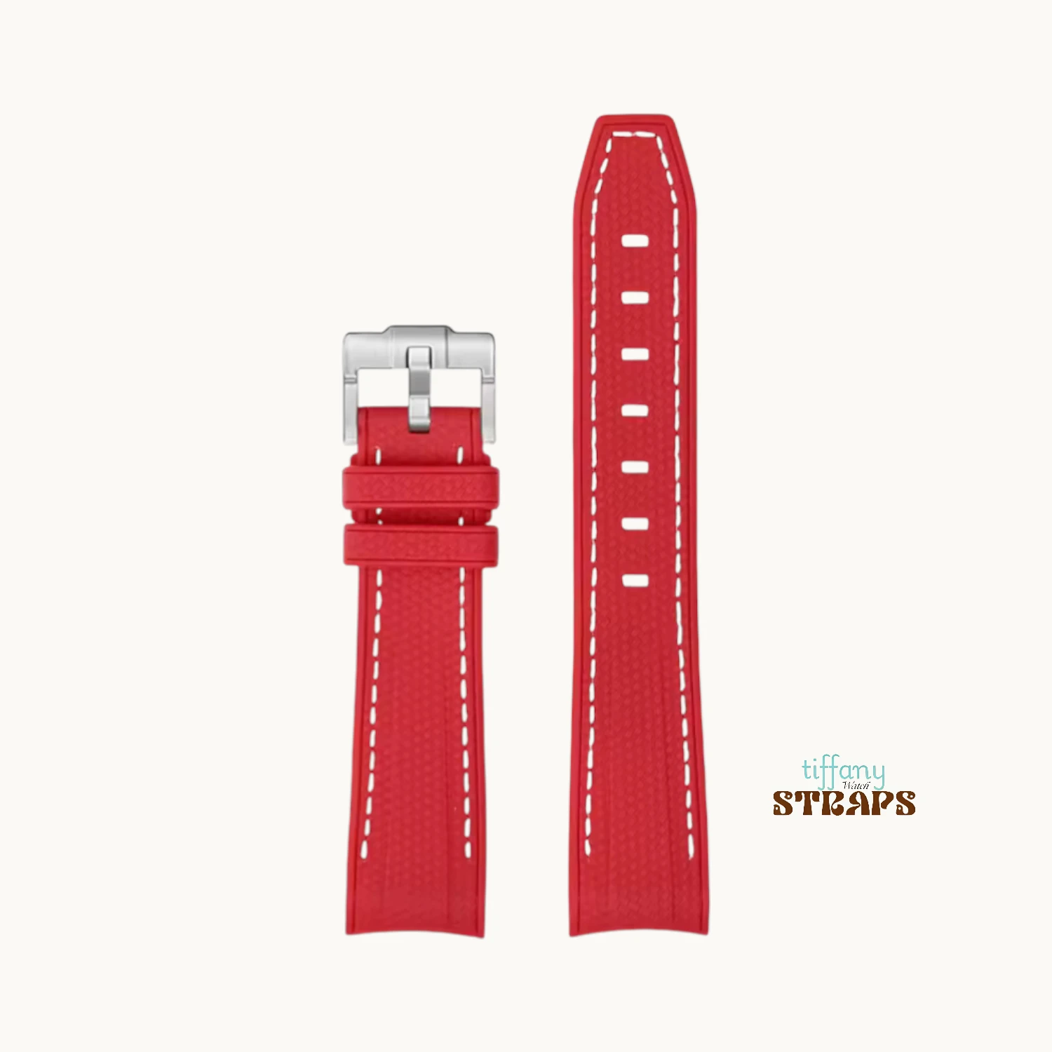 Curved Omega Textured Strap Red with White Stitch